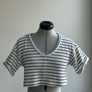 Altar’d State Striped Crop Top Blue White Textured Short Sleeve XS
